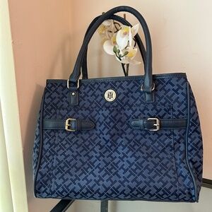 Tommy Hilfiger Navy Monogram Medium Tote With Gold Hardware